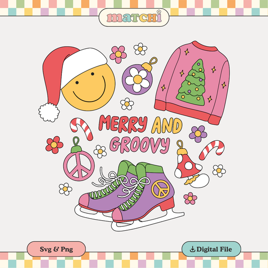 Merry and Groovy PNG SVG | Groovy Christmas Sublimation | Ice Skates Tshirt Design