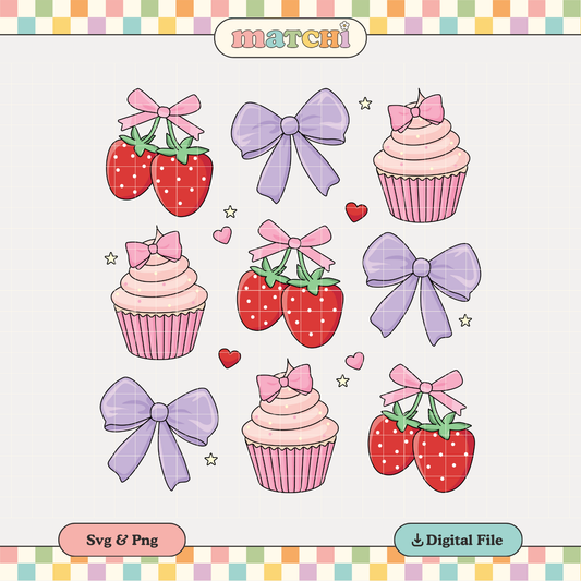 Strawberry Cupcakes & Bows PNG SVG | Coquette Valentine's Sublimation | Tshirt Design