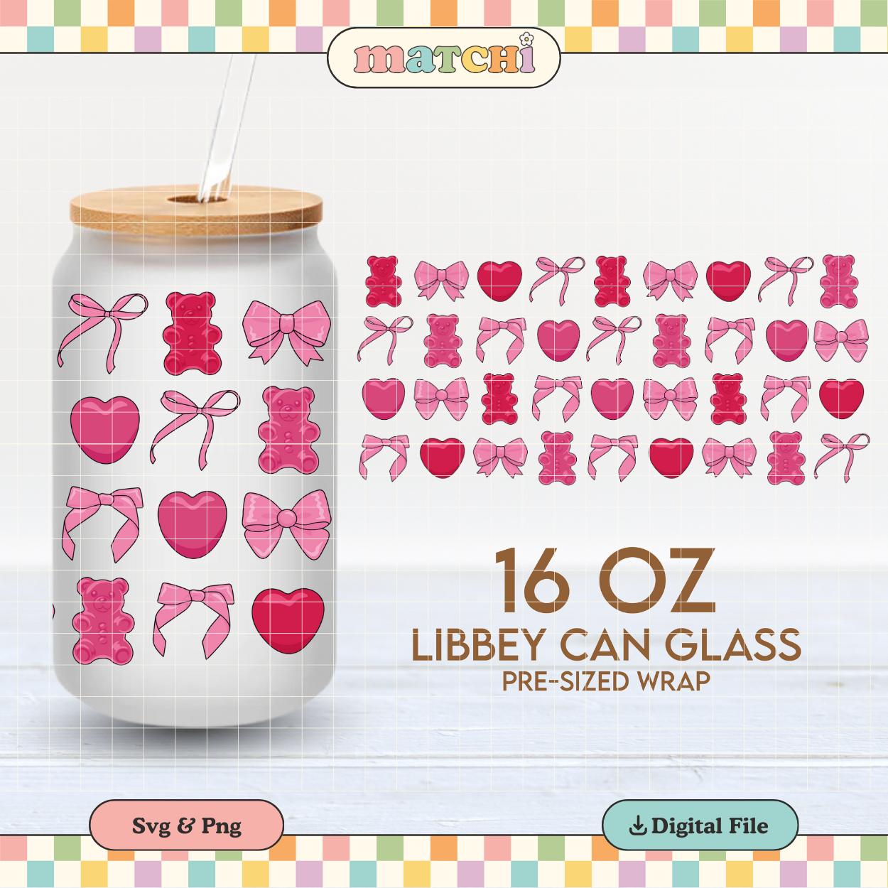 Love Gummies & Bows Cup Wrap | Coquette Valentines 16oz Libbey Can Glass PNG SVG