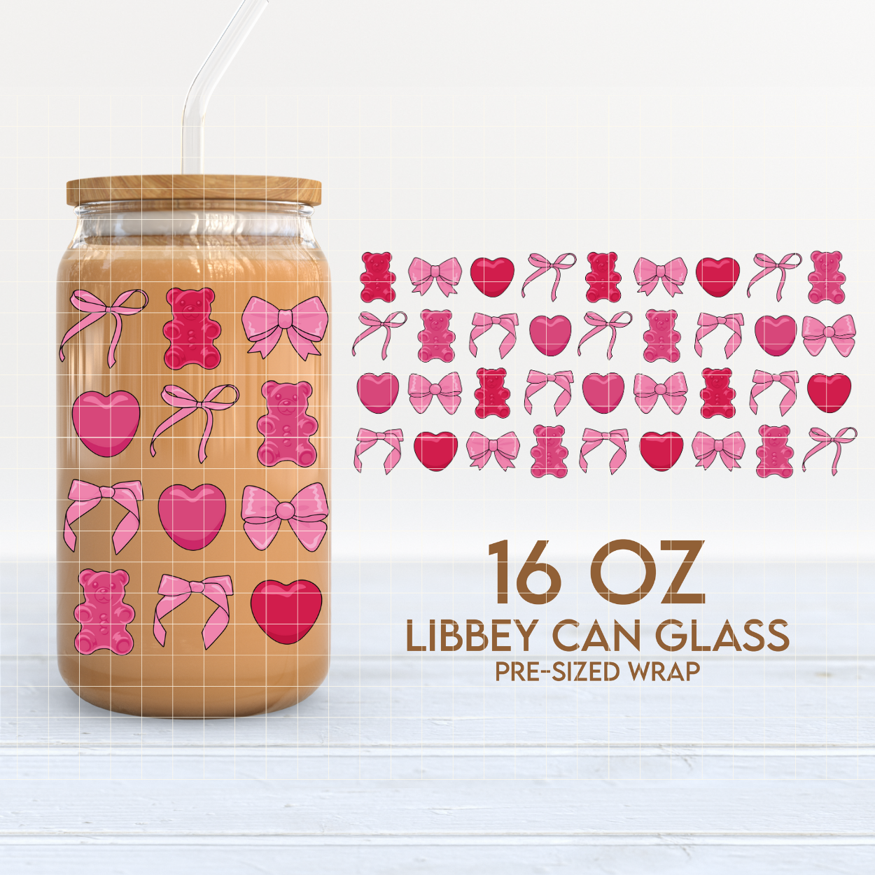 Love Gummies & Bows Cup Wrap | Coquette Valentines 16oz Libbey Can Glass PNG SVG