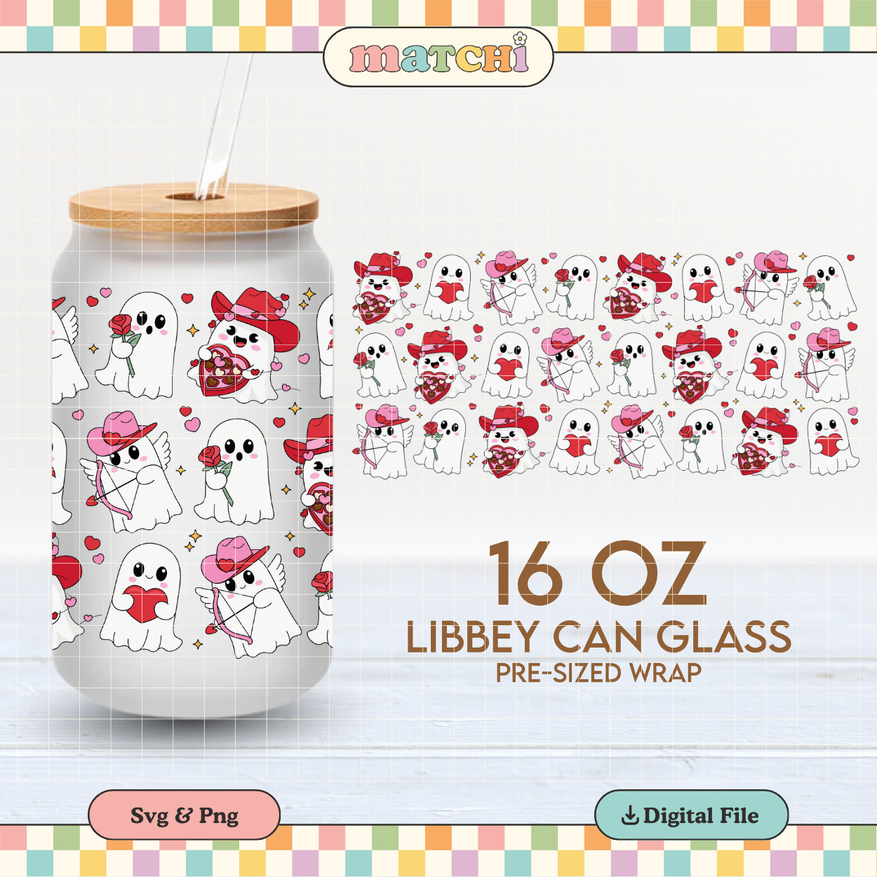 Valentines Ghosts Cup Wrap | Howdy Valentines 16oz Libbey Can Glass PNG SVG