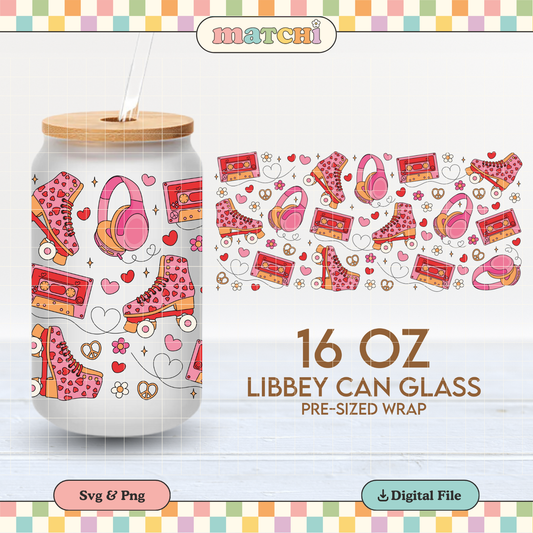 Love Roller Skates Cup Wrap | Groovy Valentines 16oz Libbey Can Glass | PNG SVG