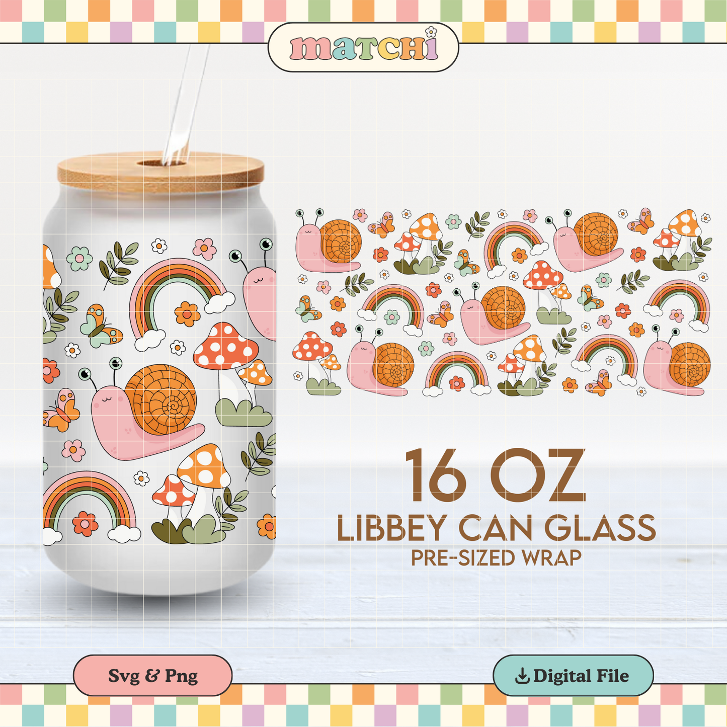 Cute Snail and Mushrooms Cup Wrap | Groovy 16oz Libbey Can Glass | PNG SVG