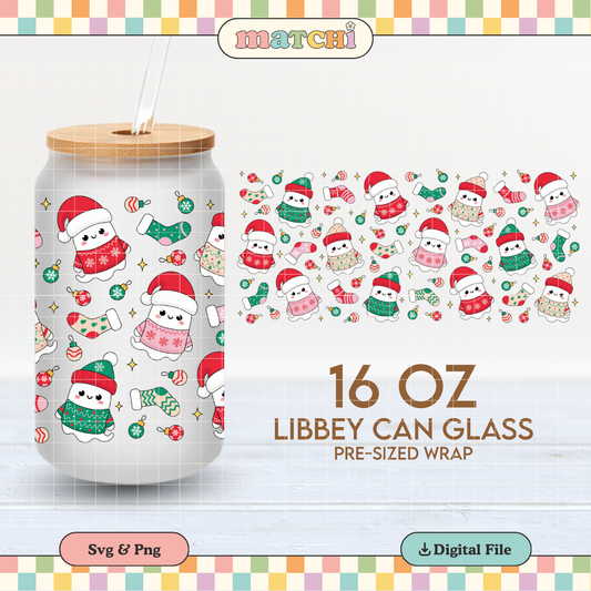 Christmas Ghosts Cup Wrap | Cute Christmas 16oz Libbey Can Glass | Xmas PNG SVG