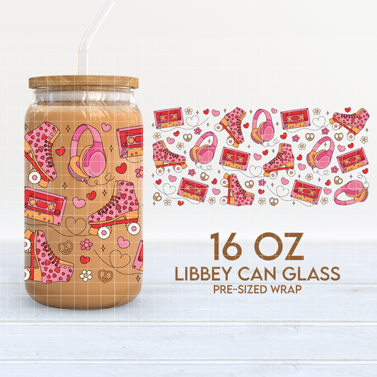 Love Roller Skates Cup Wrap | Groovy Valentines 16oz Libbey Can Glass | PNG SVG