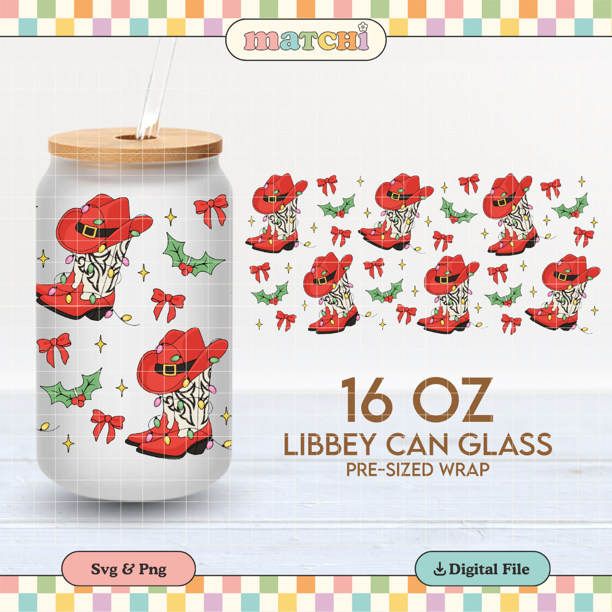 Christmas Cowboy Boots Cup Wrap | Western 16oz Libbey Can Glass | Xmas PNG SVG