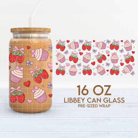 Strawberries & Cupcakes Cup Wrap | Valentine's 16oz Libbey Can Glass | PNG SVG