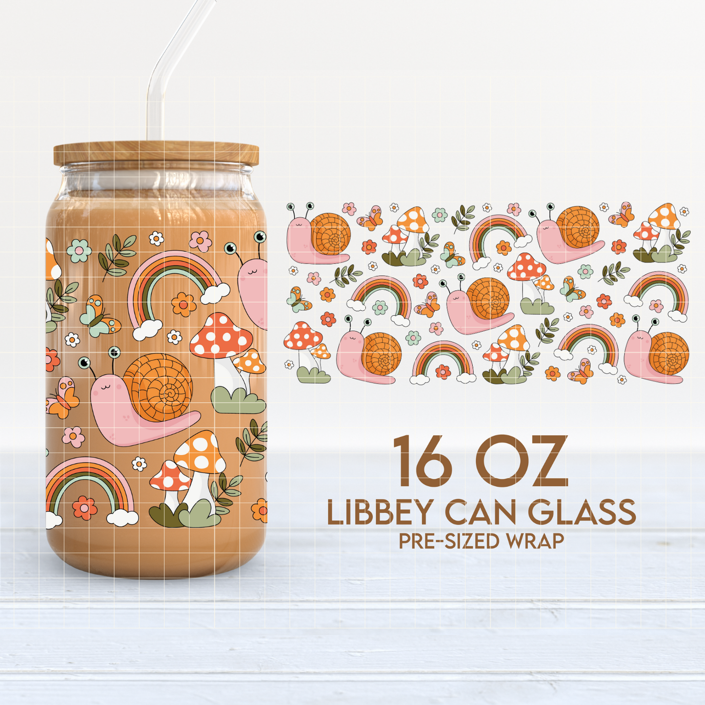 Cute Snail and Mushrooms Cup Wrap | Groovy 16oz Libbey Can Glass | PNG SVG