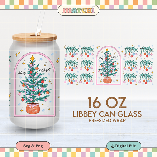 Christmas Tree Cup Wrap | Merry & Bright 16oz Libbey Can Glass | Pink Xmas PNG SVG