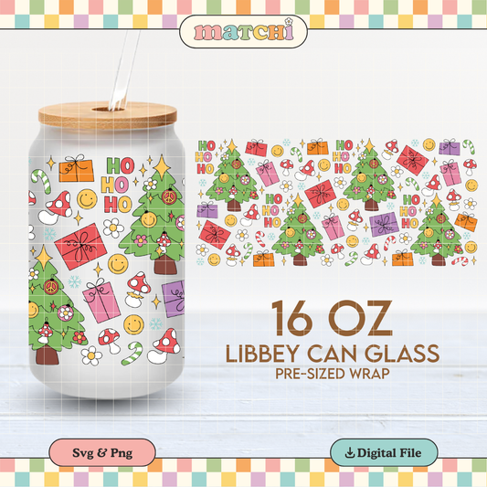 Groovy Christmas Trees Cup Wrap | Christmas 16oz Libbey Can Glass | Xmas PNG SVG