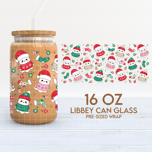 Christmas Ghosts Cup Wrap | Cute Christmas 16oz Libbey Can Glass | Xmas PNG SVG