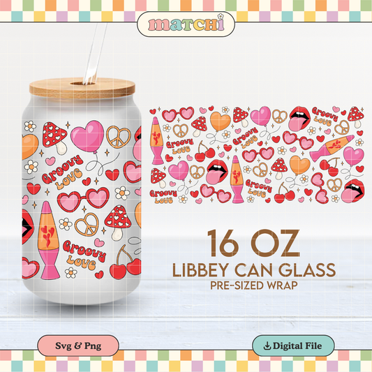 Groovy Love Cup Wrap | Groovy Valentines 16oz Libbey Can Glass | Hippie PNG SVG