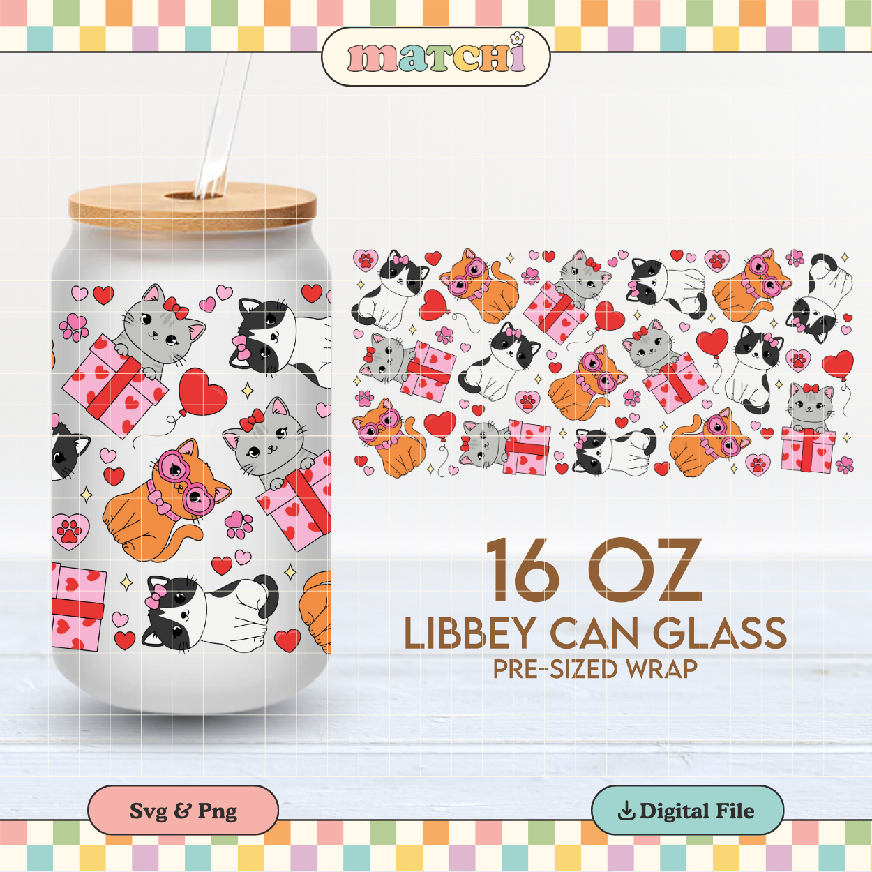 Valentines Cats Cup Wrap | Valentine's Day Pets 16oz Libbey | Cute Cats PNG SVG