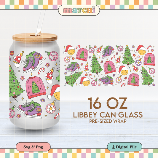 Merry and Groovy Cup Wrap | Christmas 16oz Libbey Can Glass | Ice Skates PNG SVG