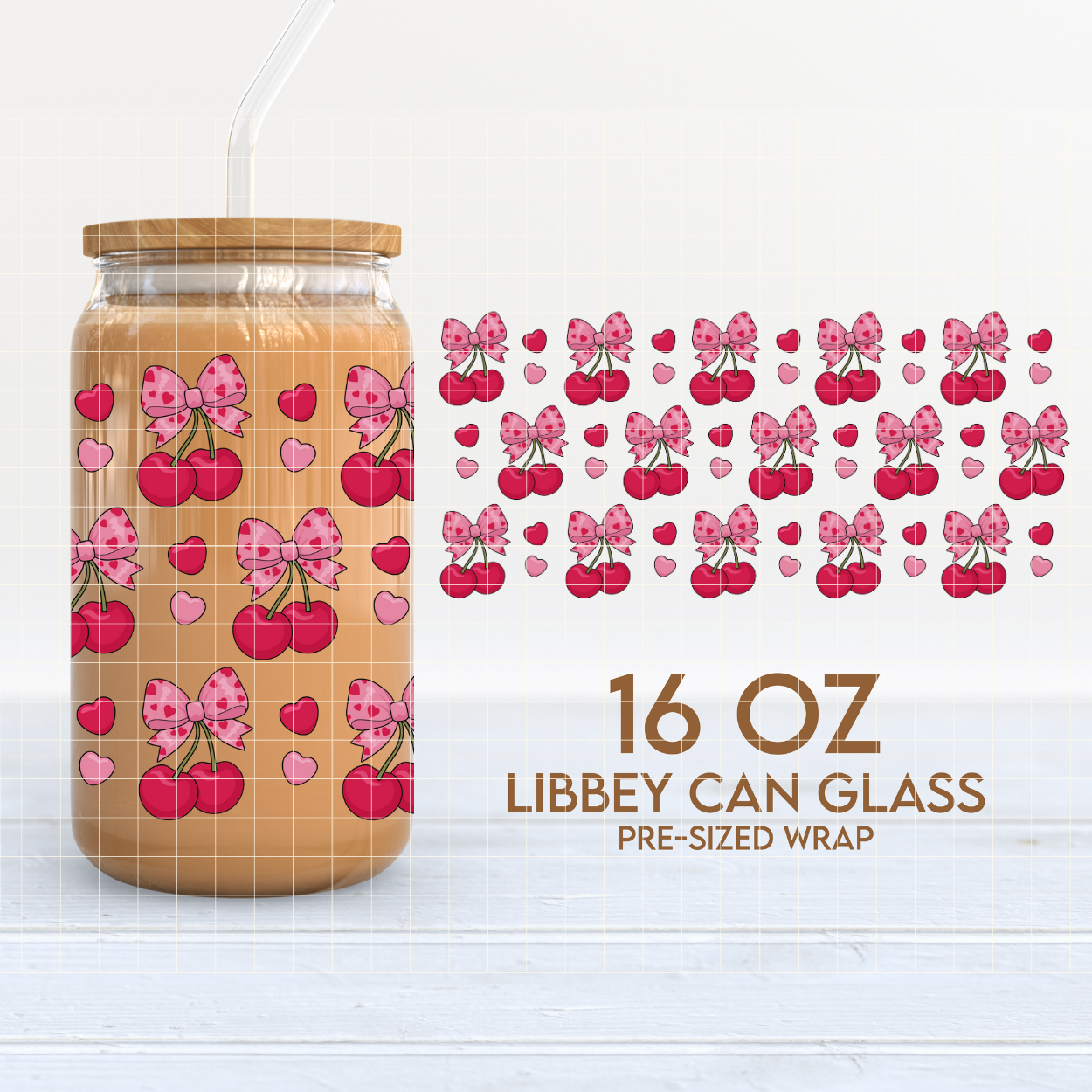 Valentines Cherries Cup Wrap | Coquette Valentines 16oz Libbey Can Glass PNG SVG