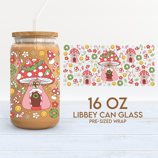 Christmas Mushrooms Cup Wrap | Groovy 16oz Libbey Can Glass | Xmas PNG SVG