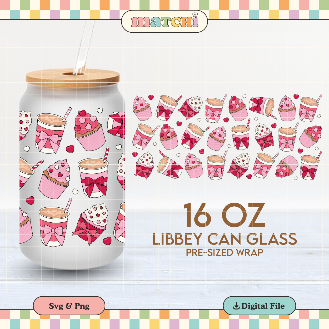 Cupcakes & Coffee Cup Wrap | Coquette Valentines 16oz Libbey Can Glass PNG SVG