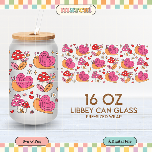 Love Snail Cup Wrap | Groovy Valentines 16oz Libbey Can Glass | Mush Love PNG SVG