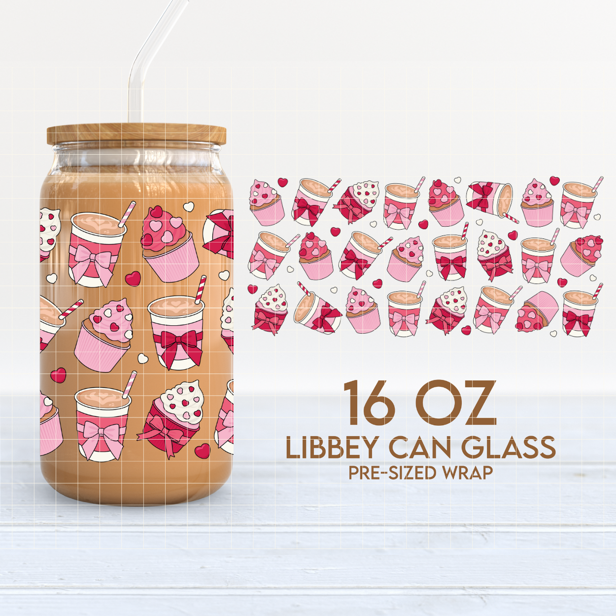 Cupcakes & Coffee Cup Wrap | Coquette Valentines 16oz Libbey Can Glass PNG SVG