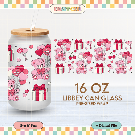 Pink Bear & Presents Cup Wrap | Coquette Valentines 16oz Libbey Can Glass PNG SVG