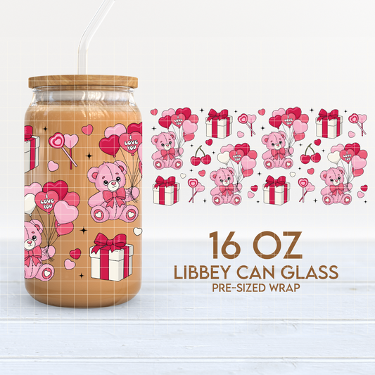 Pink Bear & Presents Cup Wrap | Coquette Valentines 16oz Libbey Can Glass PNG SVG