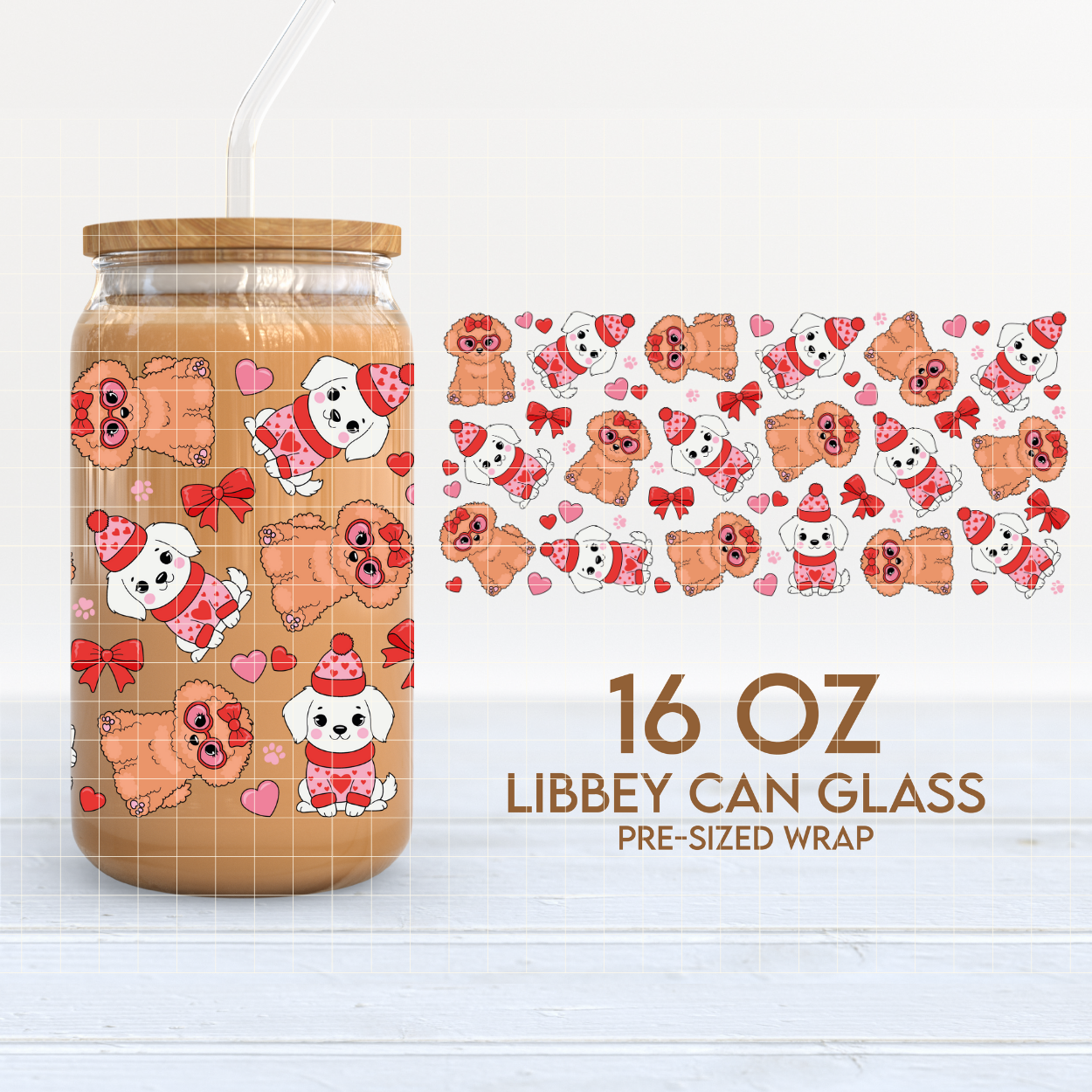 Puppy Love Cup Wrap | Valentine's Day Pets 16oz Libbey | Cute Dogs PNG SVG