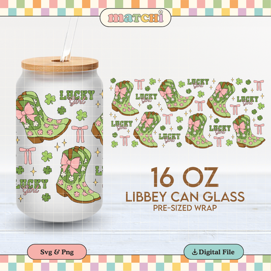 Lucky Girl Boots Cup Wrap | St. Patrick's Day 16oz Libbey | Lucky Cowgirl PNG SVG