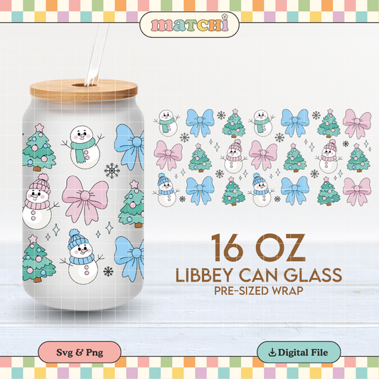 Snowman, Bows & Xmas Trees | Cozy Winter 16oz Cup Wrap PNG SVG