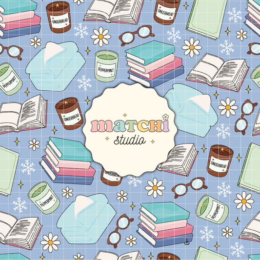 Winter Bookish Seamless Pattern, Winter Books Repeat Pattern for Fabric Sublimation