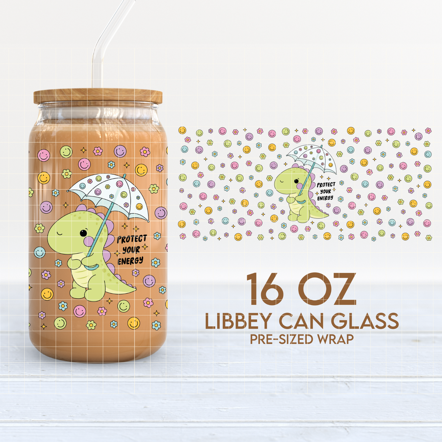 Protect Your Energy Cup Wrap | Cute Dinosaur 16oz Libbey Can Glass | PNG SVG