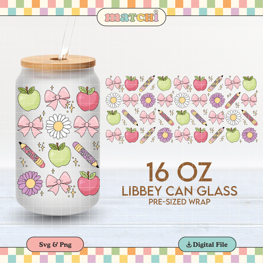 Bows, Apples & Pencil | School 16oz Cup Wrap PNG SVG