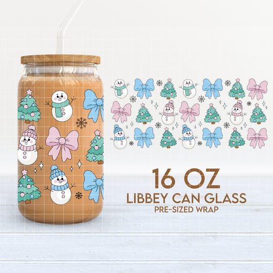 Snowman, Bows & Xmas Trees | Cozy Winter 16oz Cup Wrap PNG SVG