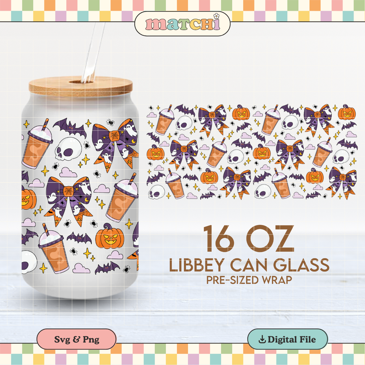 Spooky Coffee & Bows | Halloween 16oz Cup Wrap PNG SVG