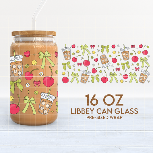 Iced Coffee, Bows & Cherries | 16oz Cup Wrap PNG SVG