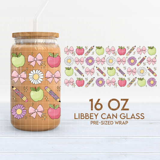 Bows, Apples & Pencil | School 16oz Cup Wrap PNG SVG