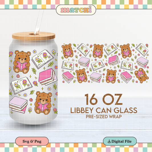 Bookish Teddy | Cute 16oz Cup Wrap PNG SVG