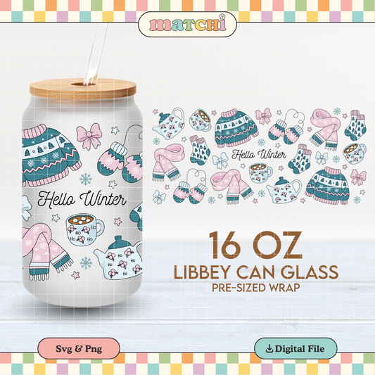 Hello Winter | Cozy Winter 16oz Cup Wrap PNG SVG