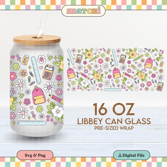 School Stuff & Flowers | School 16oz Cup Wrap PNG SVG