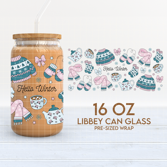 Hello Winter | Cozy Winter 16oz Cup Wrap PNG SVG