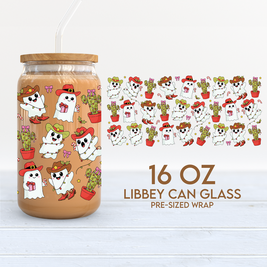 Christmas Cowboy Ghosts Cup Wrap | Howdy 16oz Libbey Can Glass | Xmas PNG SVG