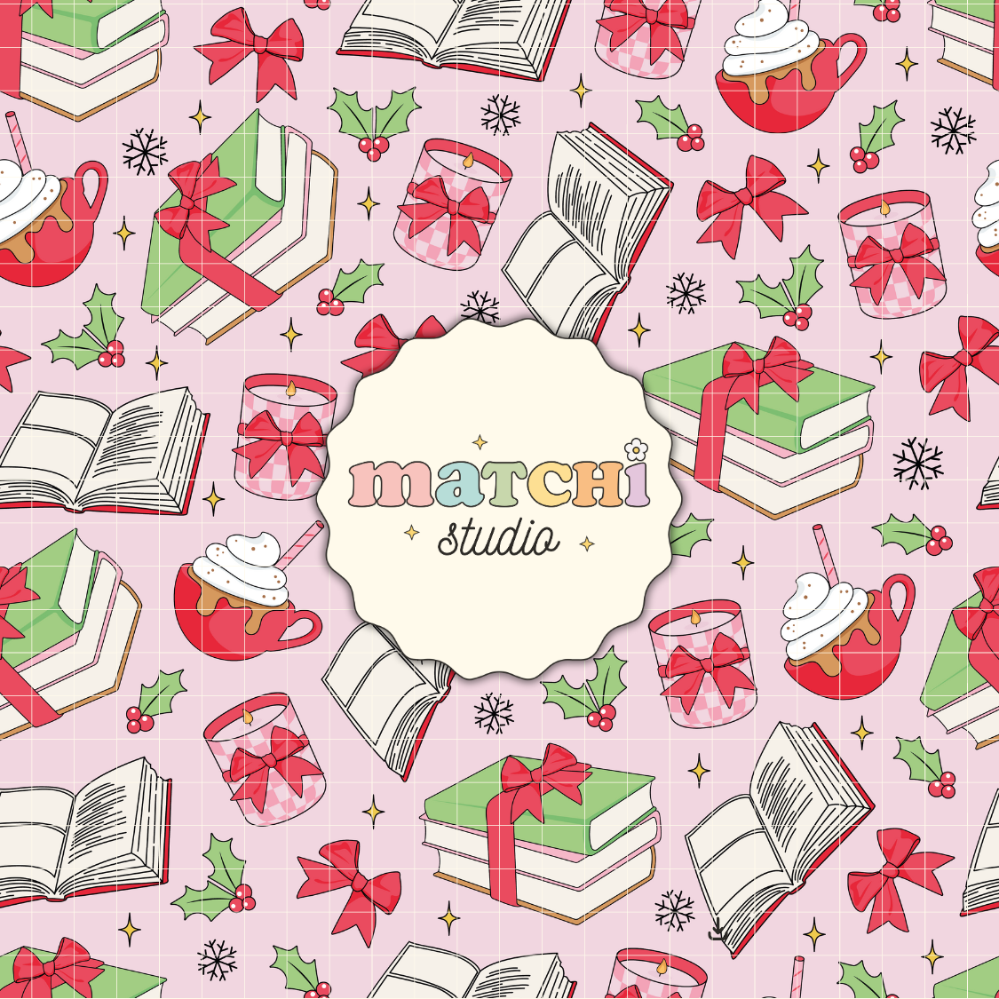 Bookish Christmas Pattern, Xmas & Books Repeat Pattern for Fabric Sublimation