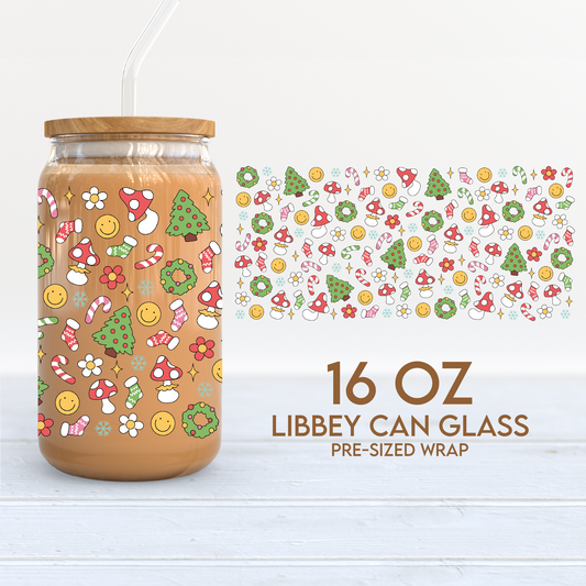 Groovy Christmas Things Cup Wrap | Christmas 16oz Libbey Can Glass | Hippie PNG SVG