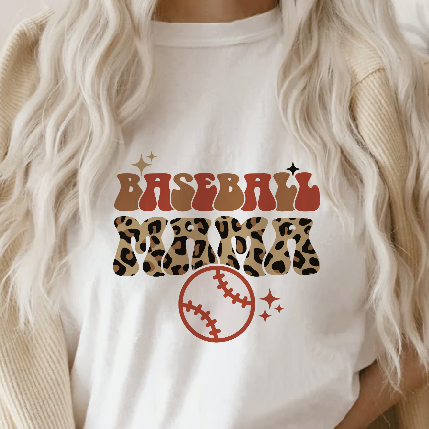 a woman wearing a baseball shirt with a leopard print