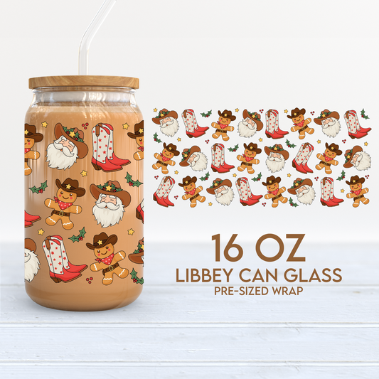 Christmas Cowboy Cup Wrap | Cowboy Santa 16oz Libbey Can Glass | Xmas PNG SVG