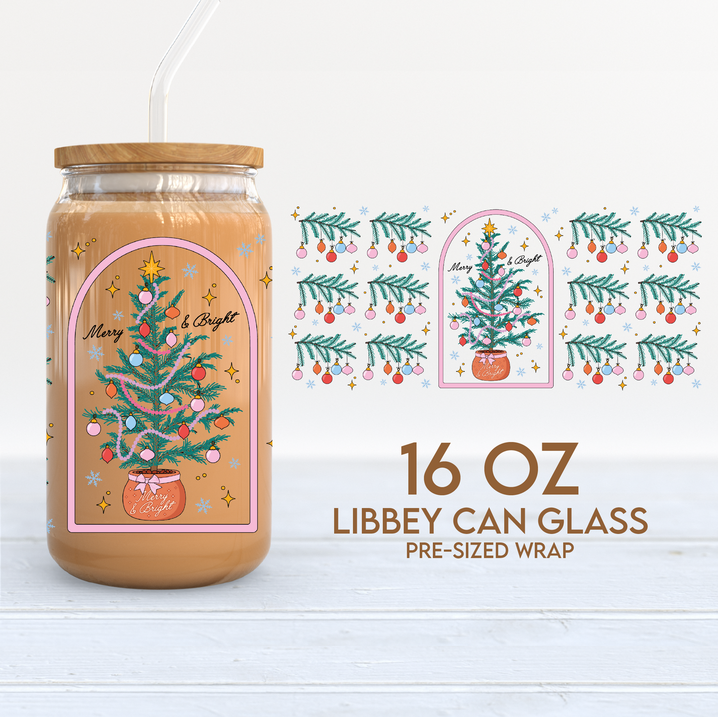 Christmas Tree Cup Wrap | Merry & Bright 16oz Libbey Can Glass | Pink Xmas PNG SVG