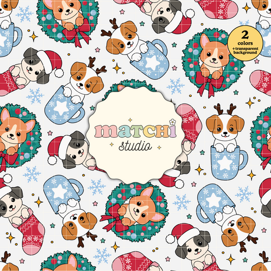 Christmas Cute Dogs Pattern, Xmas Pets Repeat Pattern for Fabric Sublimation