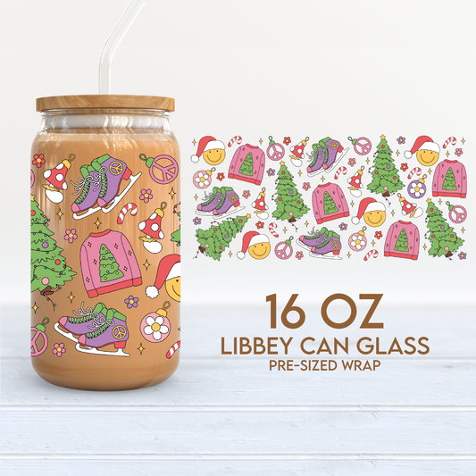 Merry and Groovy Cup Wrap | Christmas 16oz Libbey Can Glass | Ice Skates PNG SVG