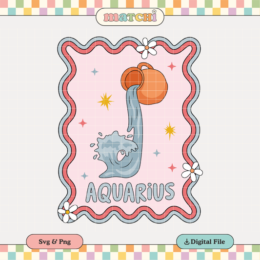 Aquarius Decal PNG SVG | Zodiac Aquarius Girl Sublimation | Retro Groovy Tshirt Design