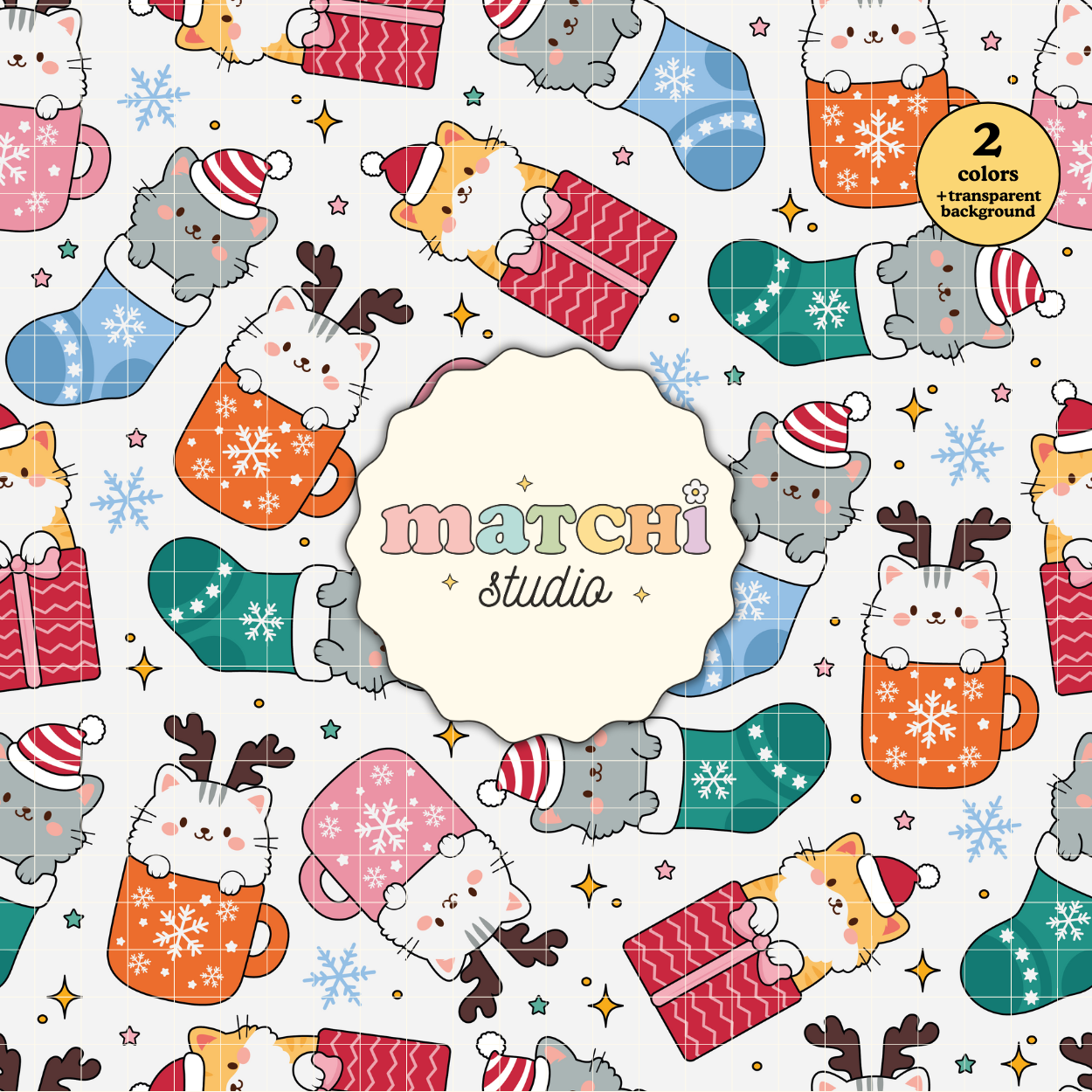 Christmas Cute Cats Pattern, Xmas Pets Repeat Pattern for Fabric Sublimation