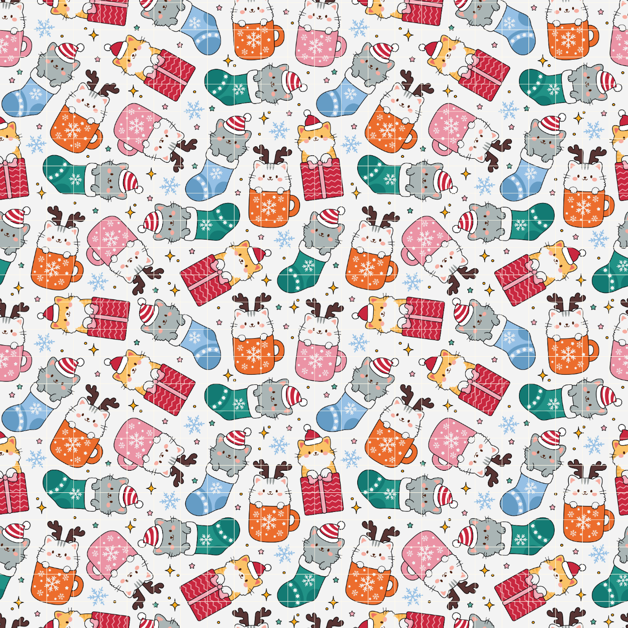 Christmas Cute Cats Pattern, Xmas Pets Repeat Pattern for Fabric Sublimation